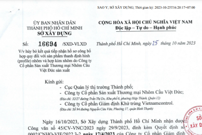 Đề nghị kiểm tra lưu thông hàng hoá của Công ty Cổ phần Sản xuất Thương mại Nhôm Cầu Việt Đức